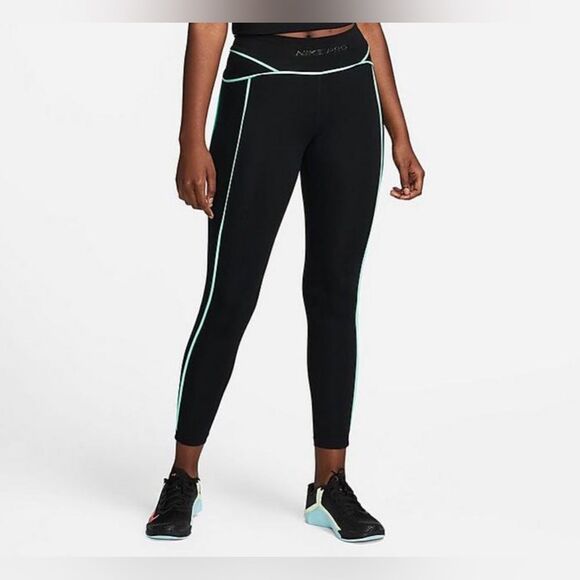 Nike Women's PRO Mid-Rise 7/8 Black Green Glow Training Tights Sz L $70 Rare! - Picture 1 of 3